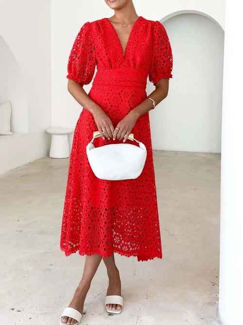 Eyelet Lace V-Neck Midi Dress with Puff Sleeves
