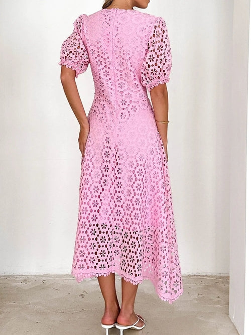 Eyelet Lace V-Neck Midi Dress with Puff Sleeves