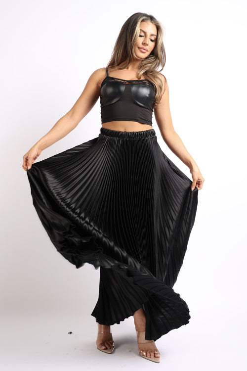 Alana Pleated Satin Maxi Skirt in Black