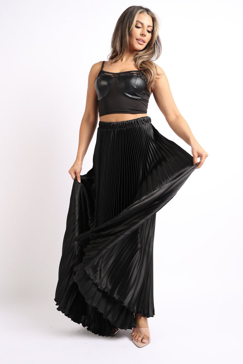 Alana Pleated Satin Maxi Skirt in Black