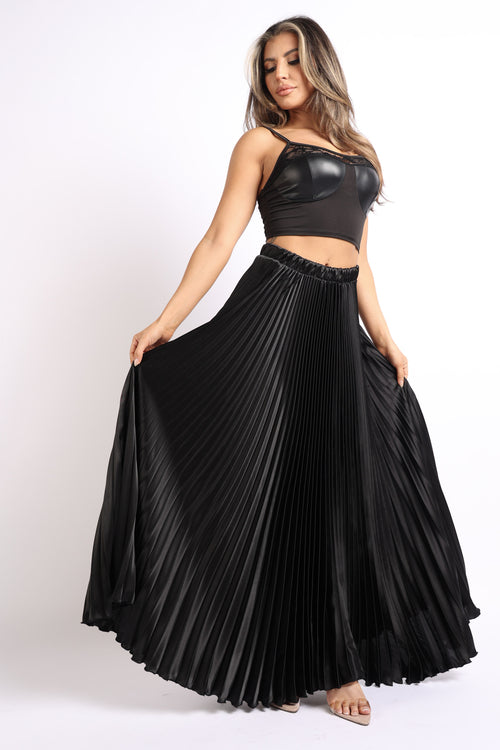 Alana Pleated Satin Maxi Skirt in Black